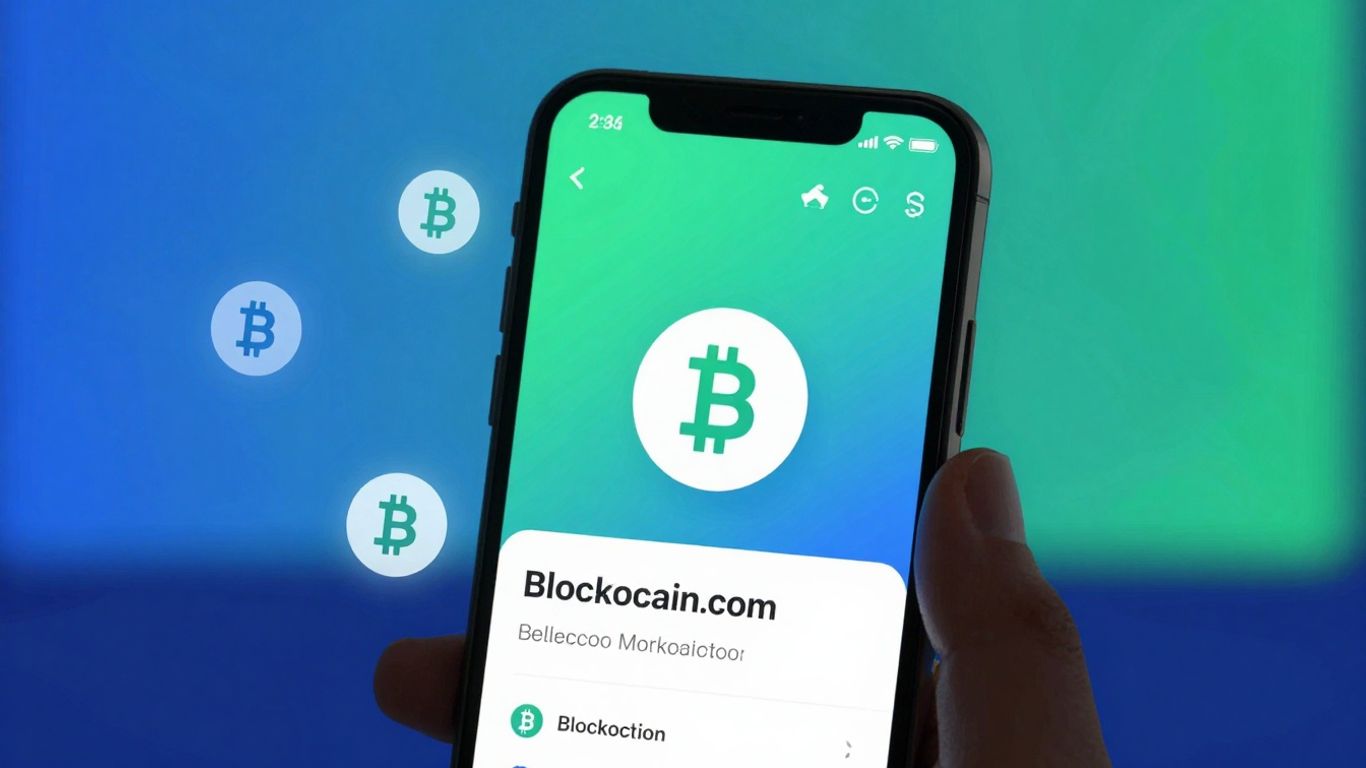 Blockchain.com app on a smartphone with crypto icons.