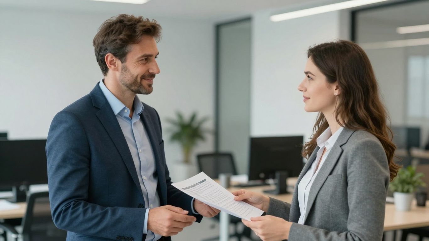 Zwei Personen im Büro, eine gibt dem anderen ein Dokument.