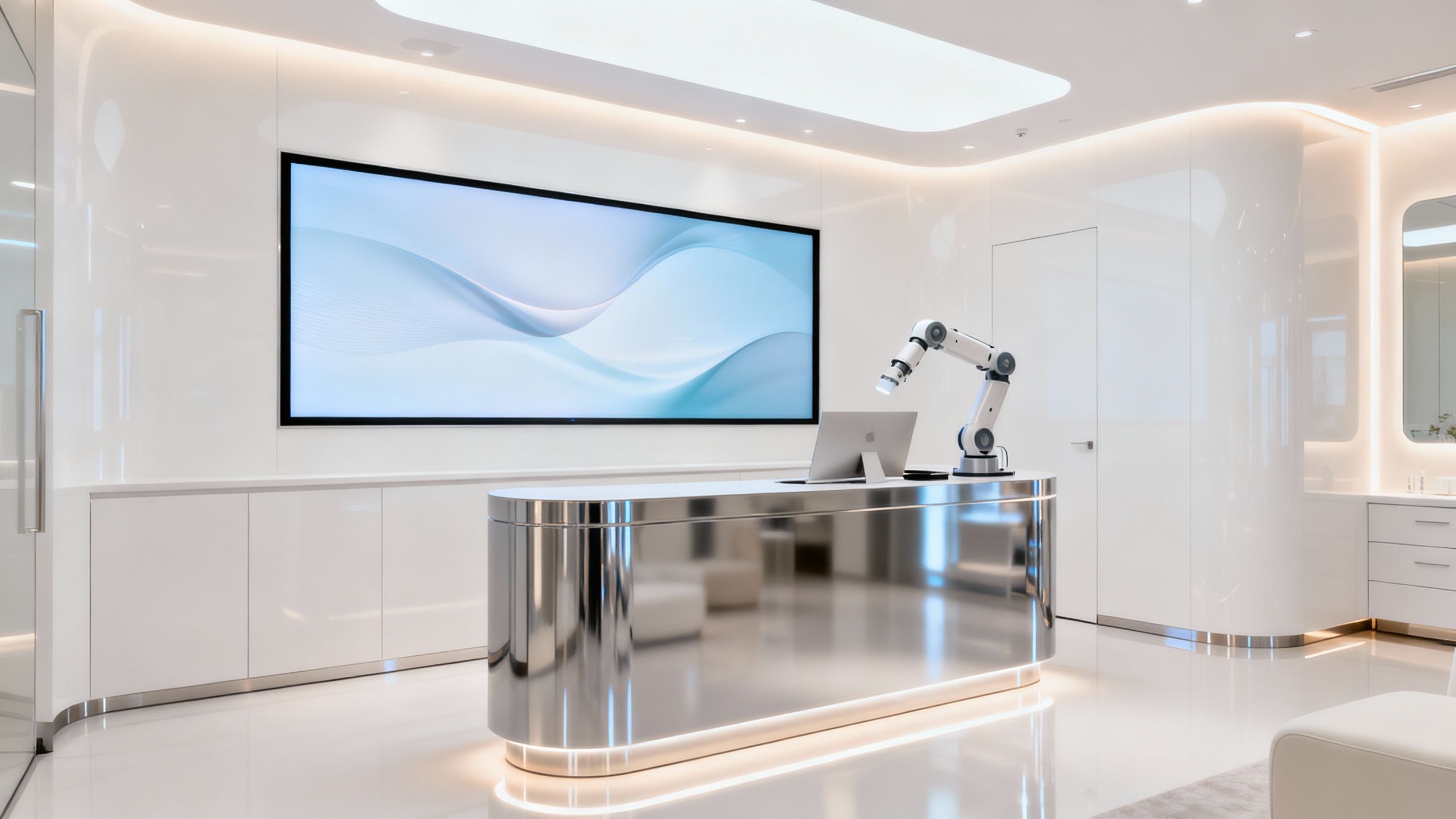 Modern aesthetics clinic reception with integrated robotic assistance.