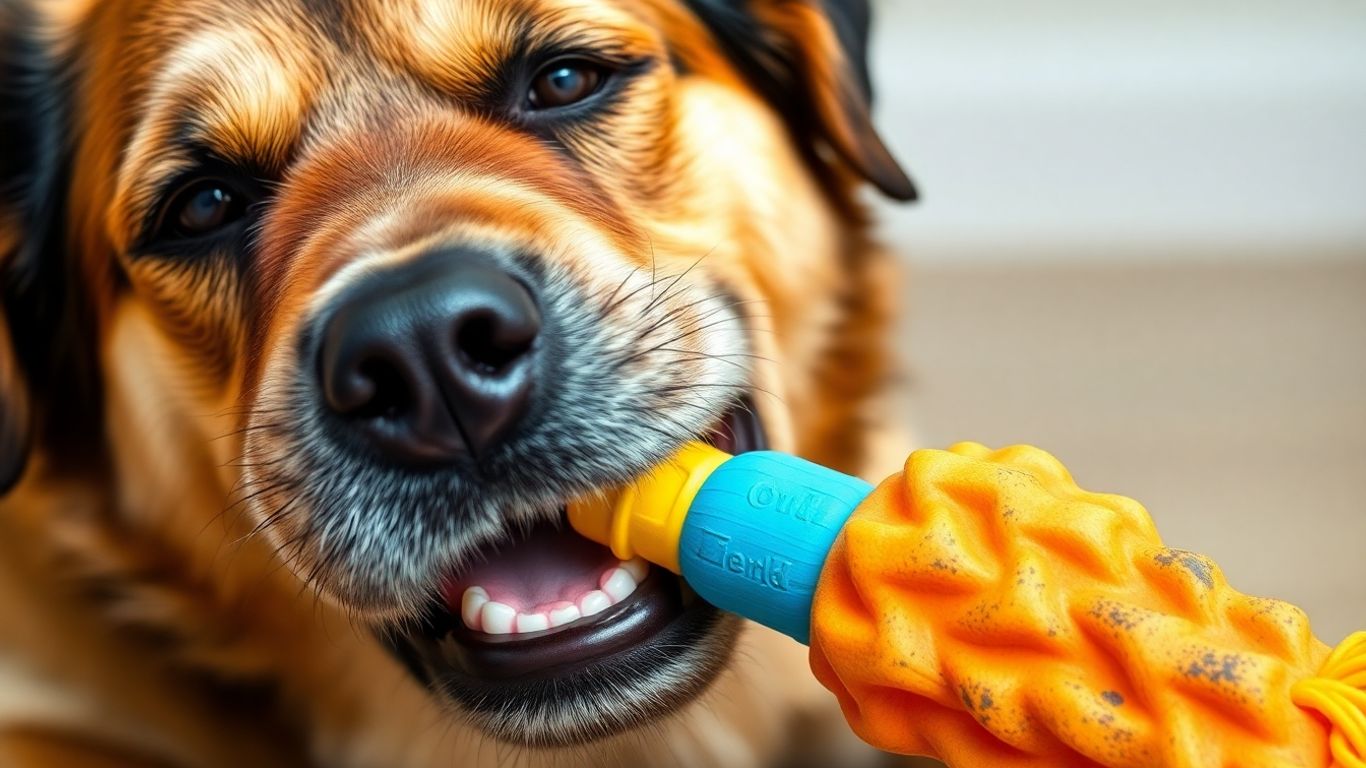 Dog intensely chewing a tough, colorful toy.