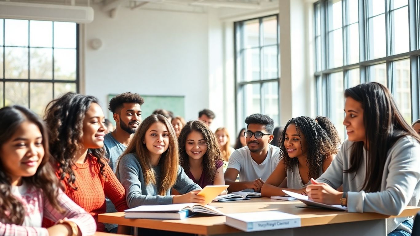 Jóvenes aprendiendo en un aula moderna y luminosa.