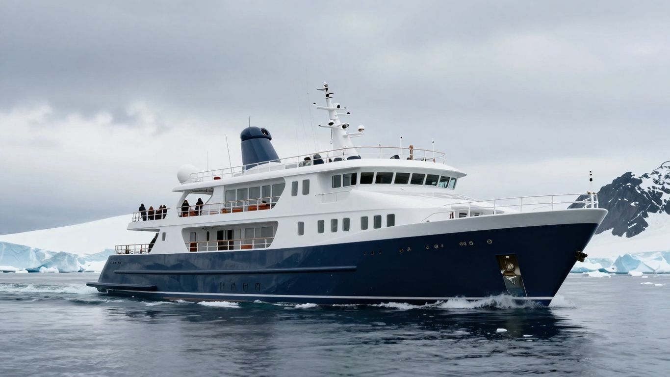 Expedition yacht sailing through icy waters.