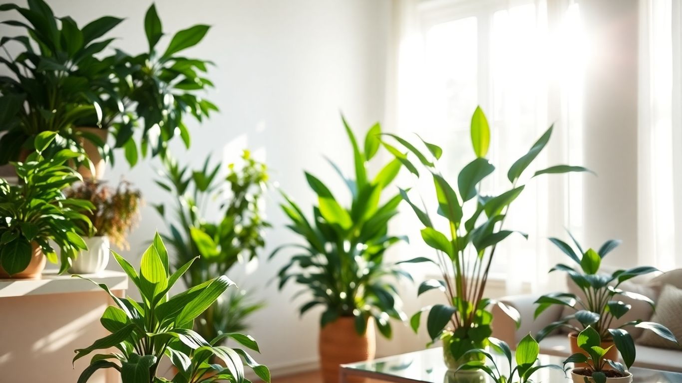 Plantas verdes em uma sala de estar iluminada.