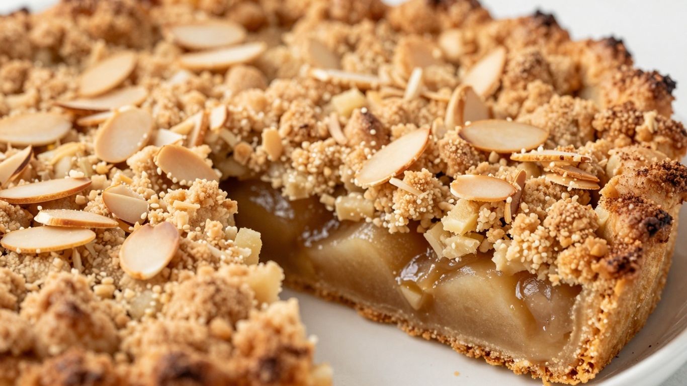 Apfel-Streuselkuchen mit Zimt und Mandeln, fertig gebacken.