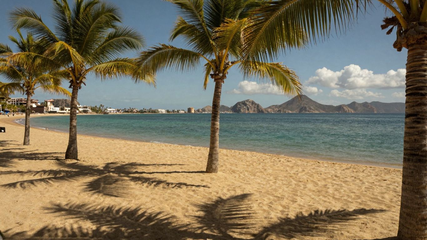 Cabo beach with palm trees and clear blue water.