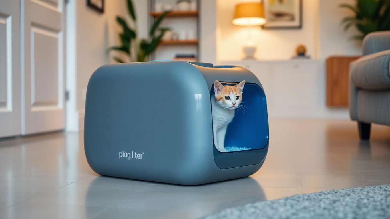 Modern smart cat litter box in a home setting.