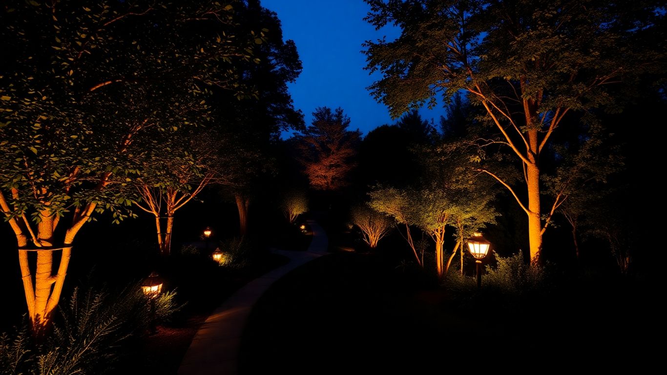 Garden lit at night with spotlights and path lights.