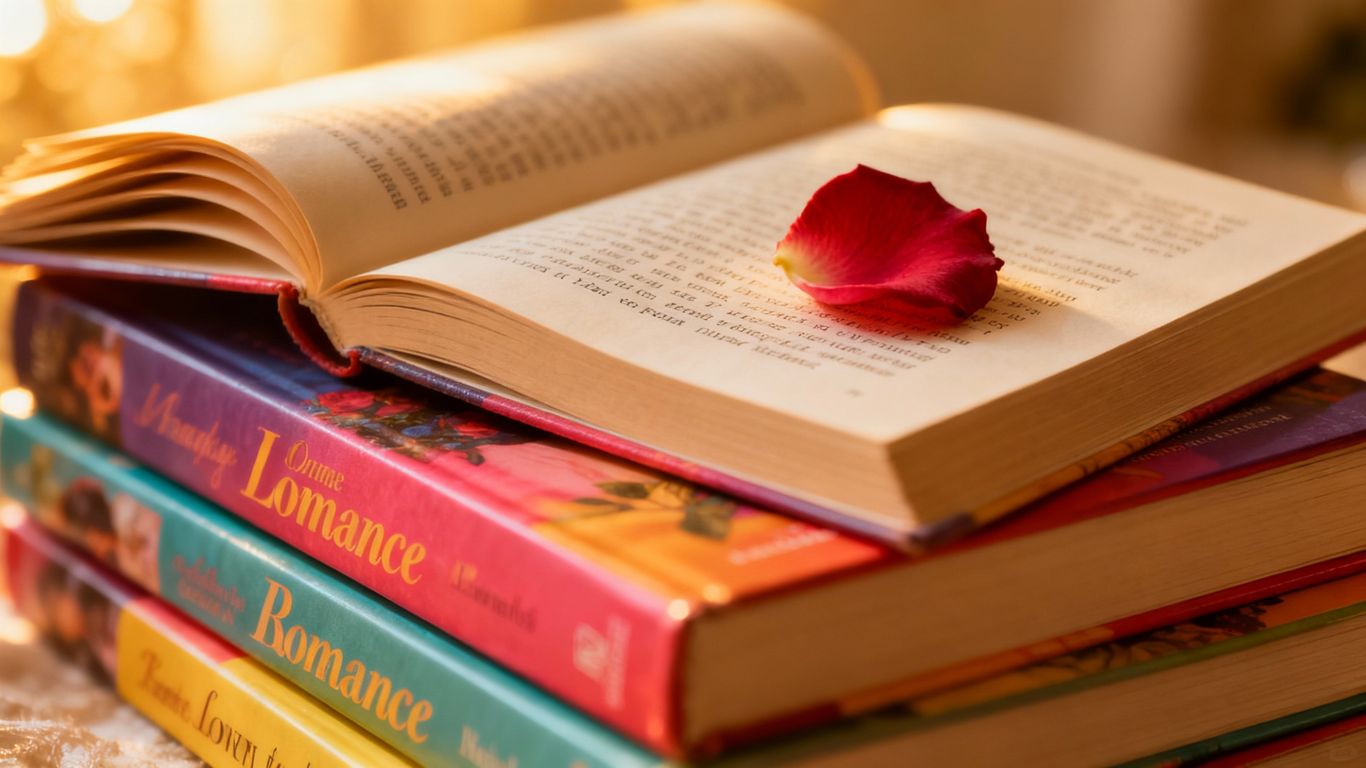 Stack of young adult romance books with a rose petal.