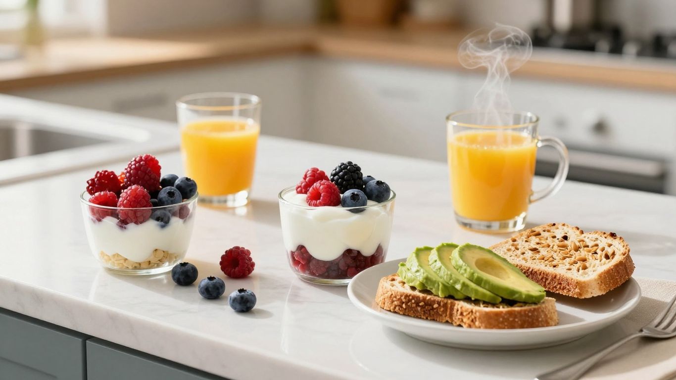 Healthy pregnancy breakfast spread with fruits and yogurt.