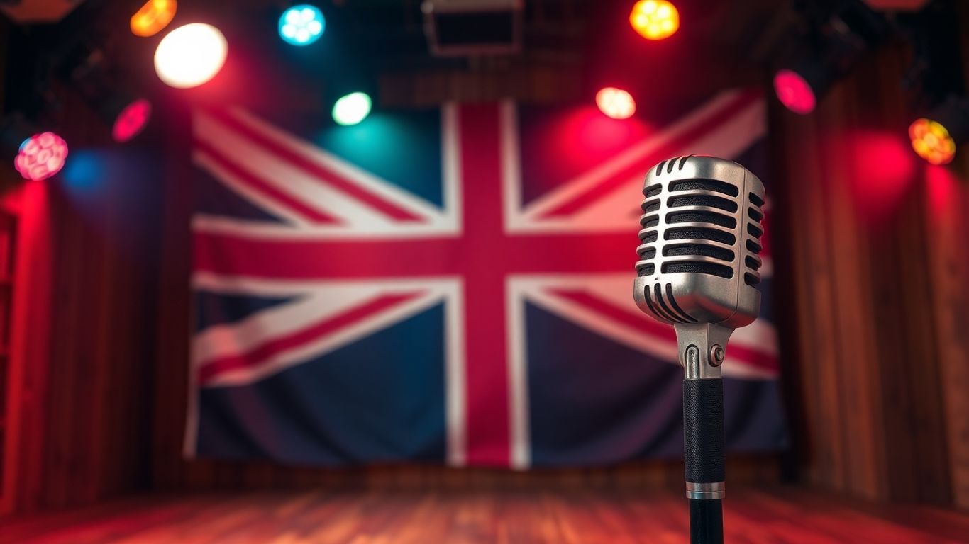 Vintage microphone on stage with colourful Union Jack lighting