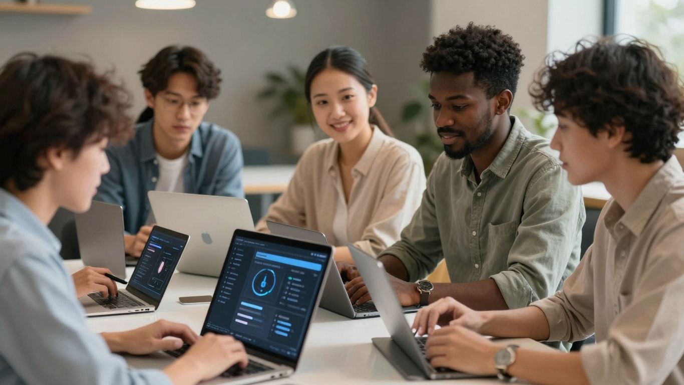 People interacting with intuitive digital interfaces.