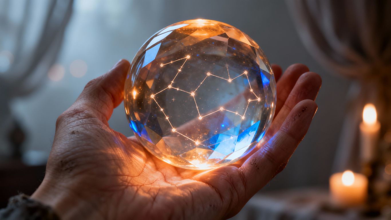 Hand holding a glowing crystal ball.
