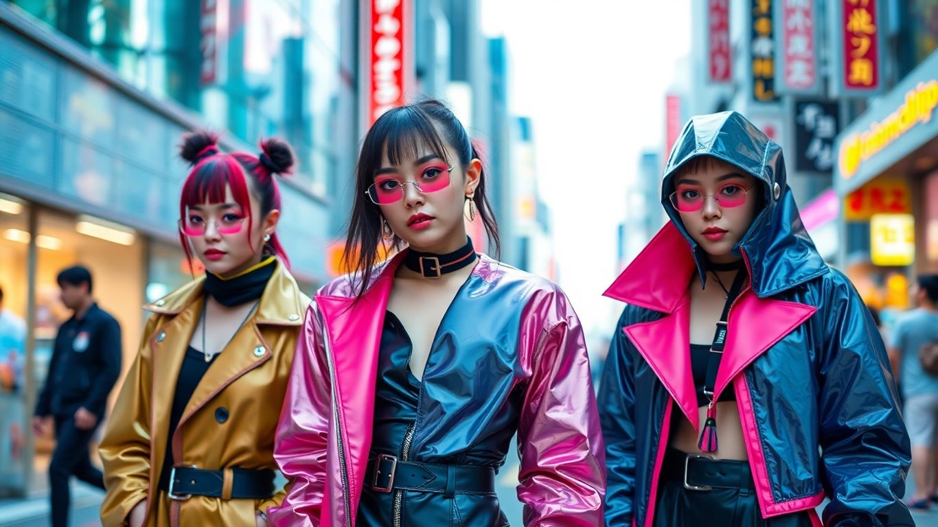 Harajuku fashion models in futuristic street style outfits.