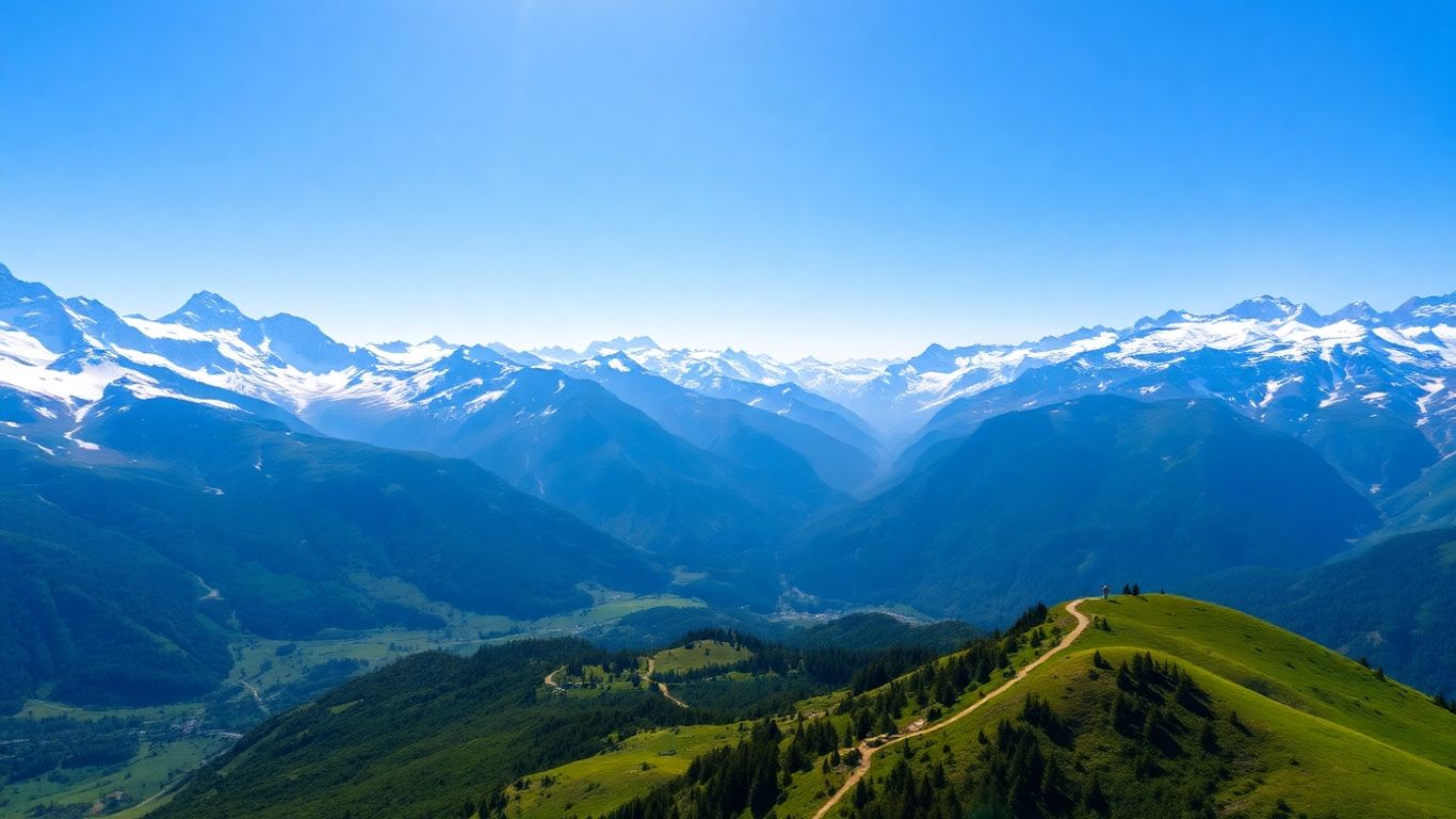 Majestic mountain peaks and green valleys under a clear sky.