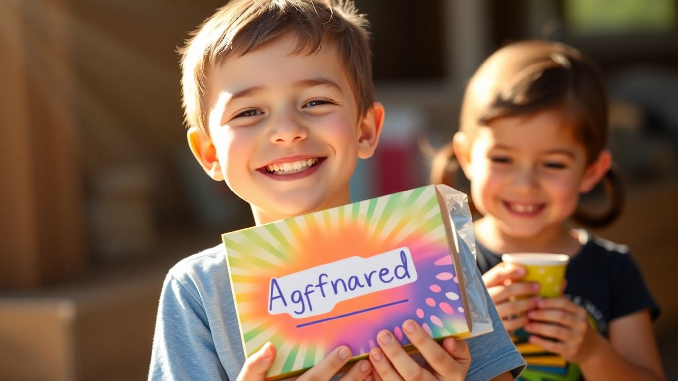 Boy holding colorful affirmation gift, smiling brightly.