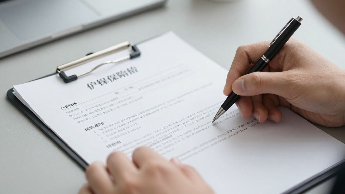 Person reviewing insurance policy document with a pen.