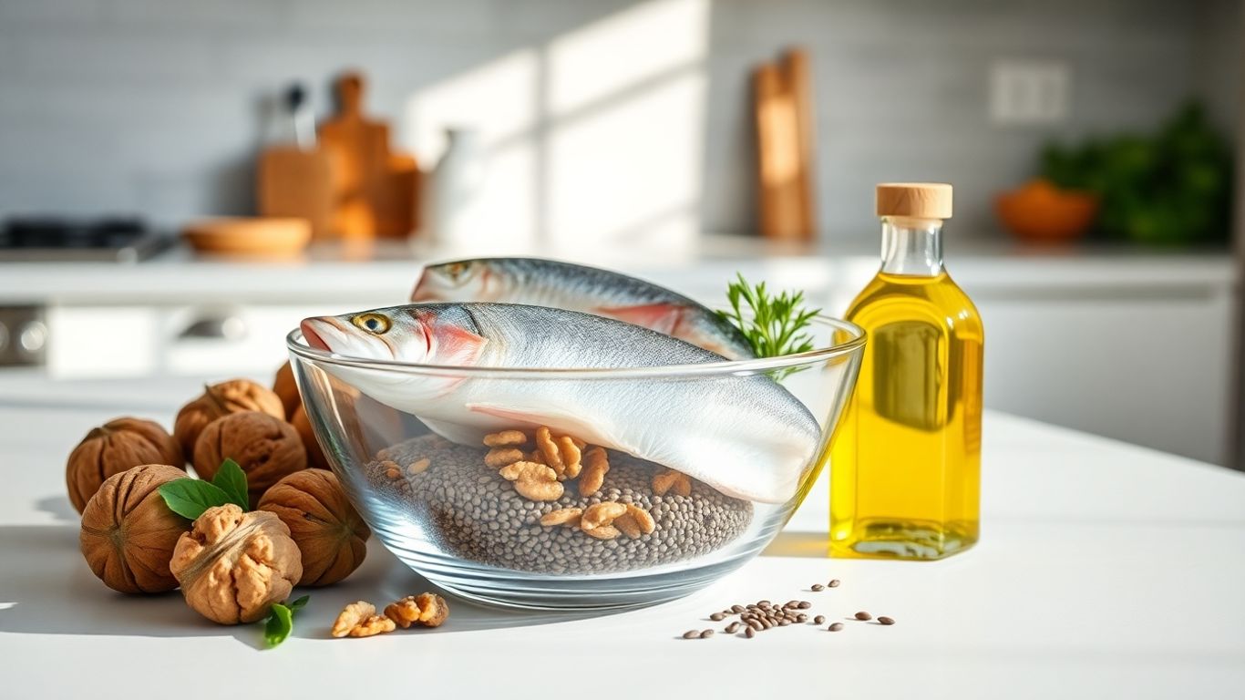 Fresh fish, walnuts, oils, and seeds on countertop.