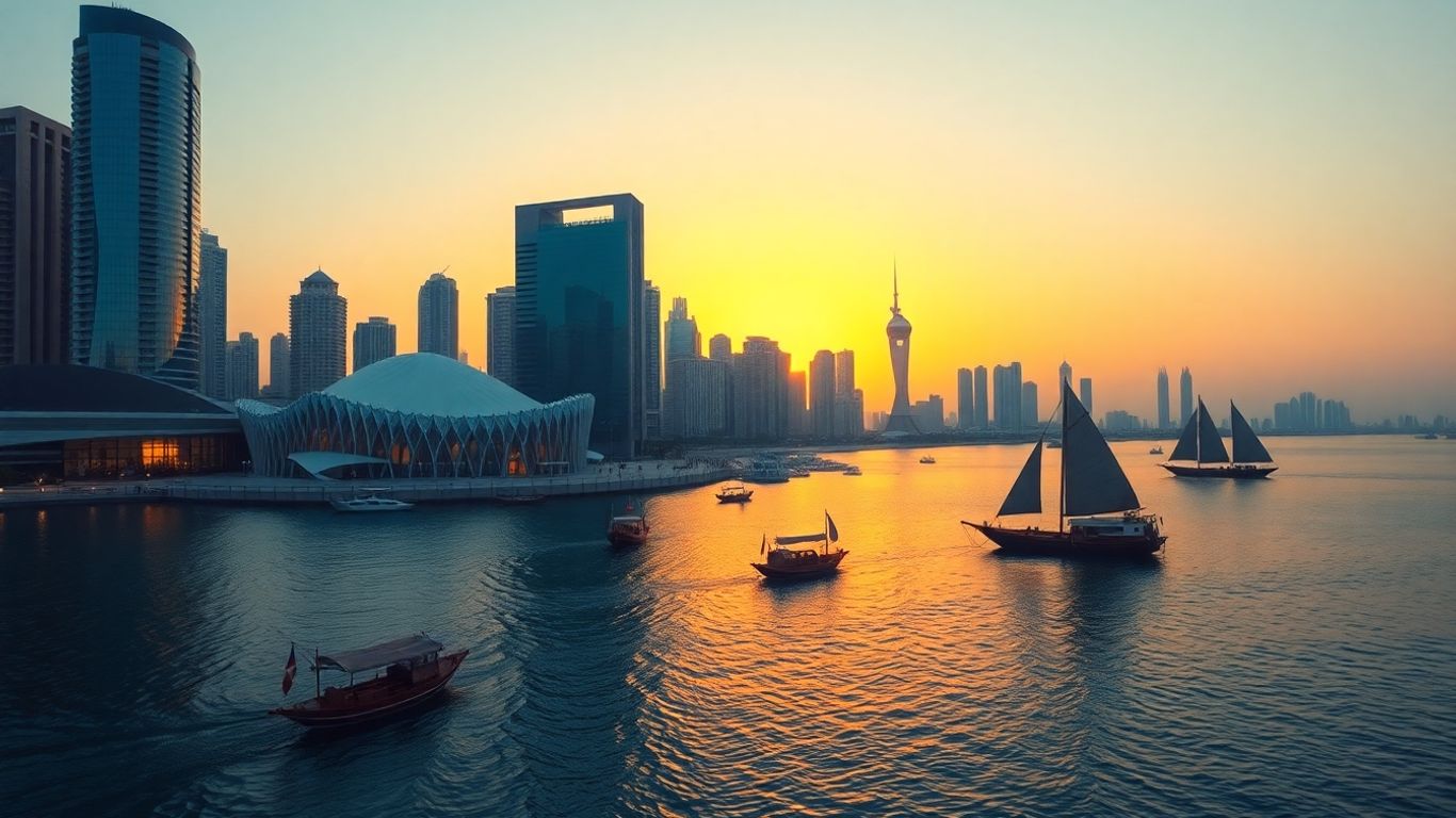 Doha skyline with modern buildings and traditional boats.