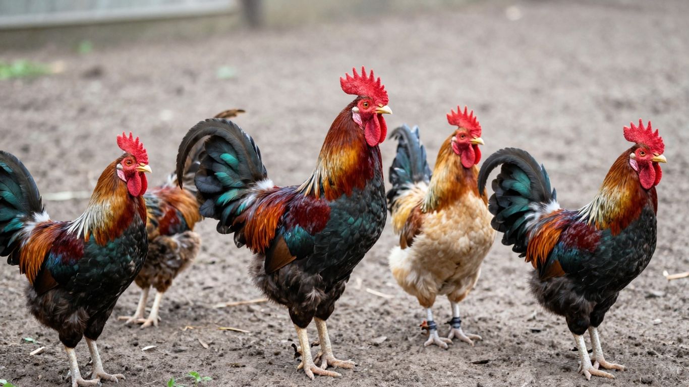 Diverse gamefowl breeds with unique plumage and proud stances.