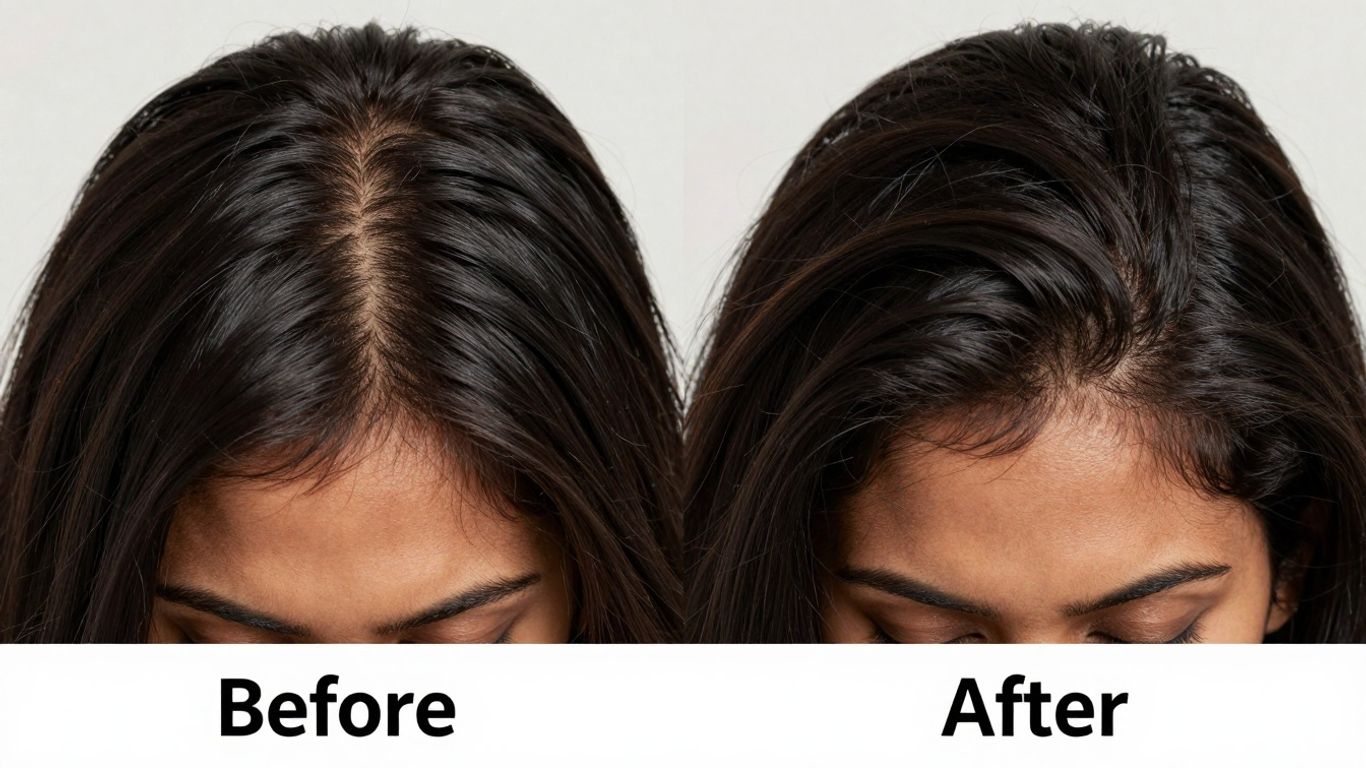 Before and after Nutrafol hair transformation photos.