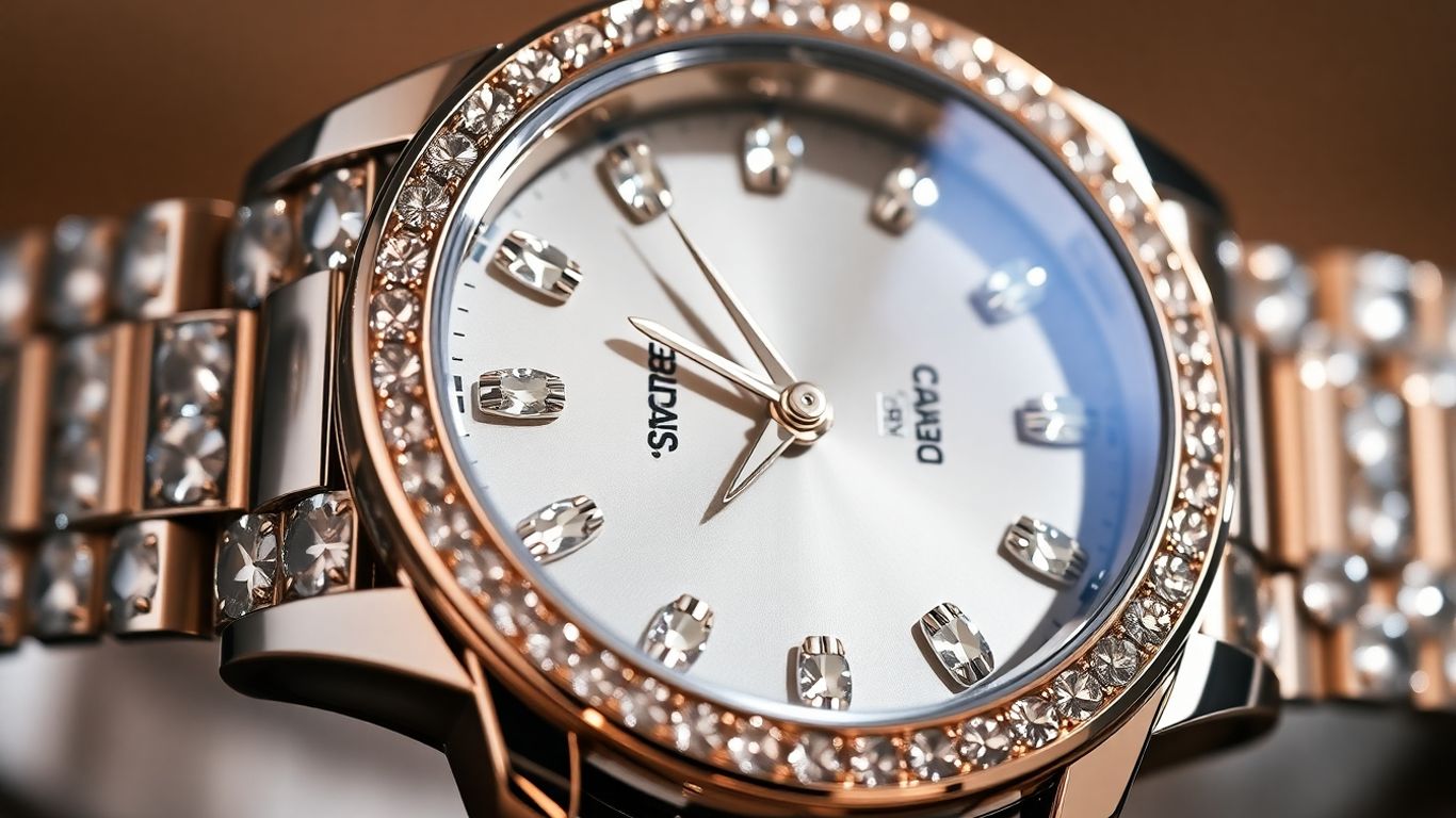 Men's moissanite watch with sparkling gemstones.