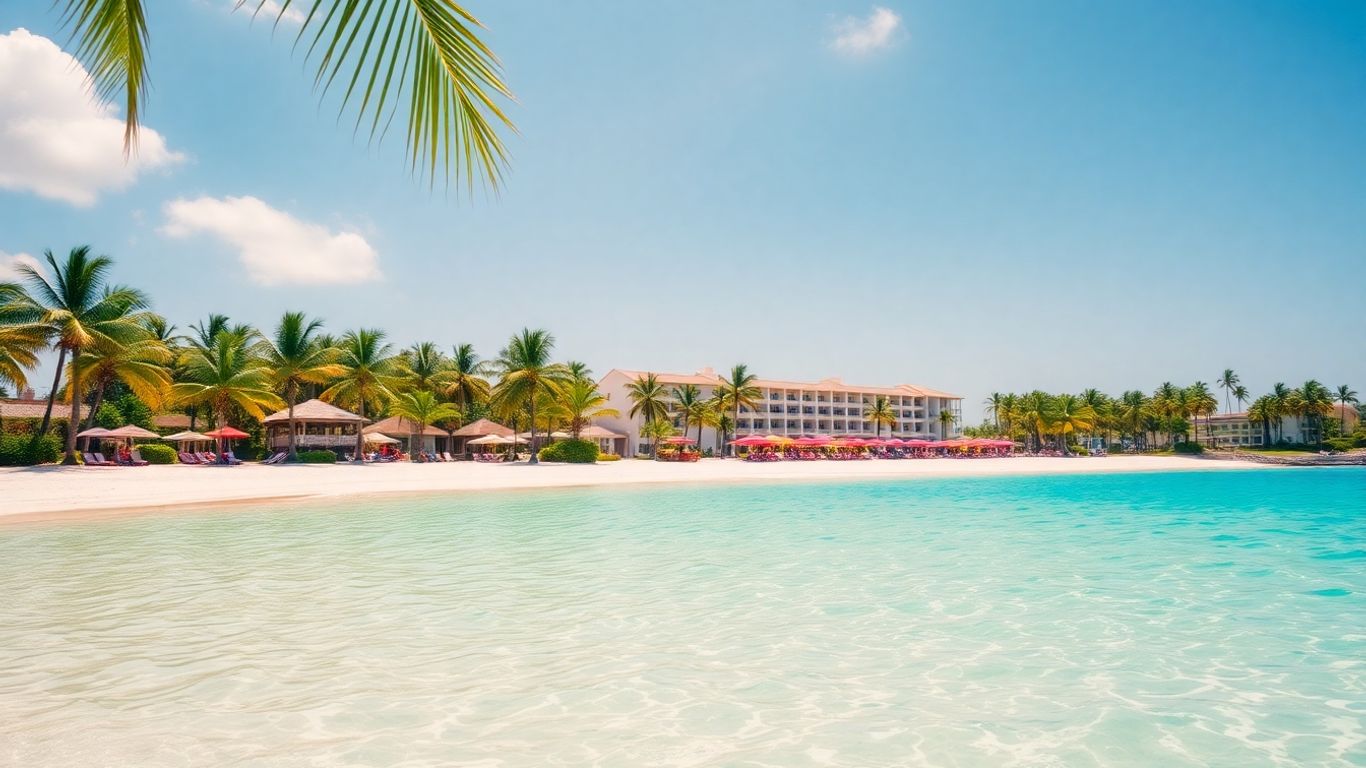 Tropical beach with resort and clear blue water.