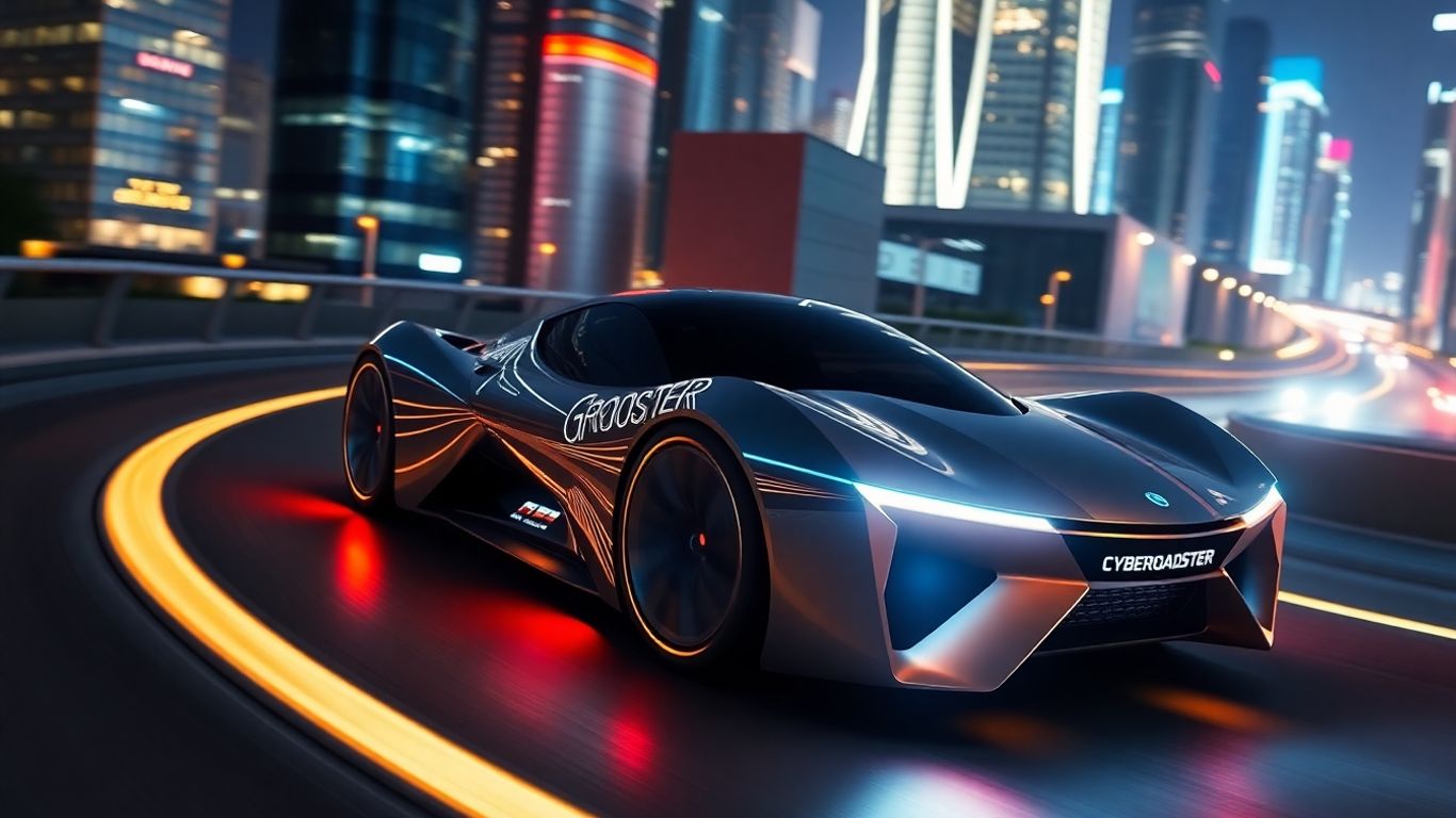 Futuristic CyberRoadster concept car on a neon-lit road.