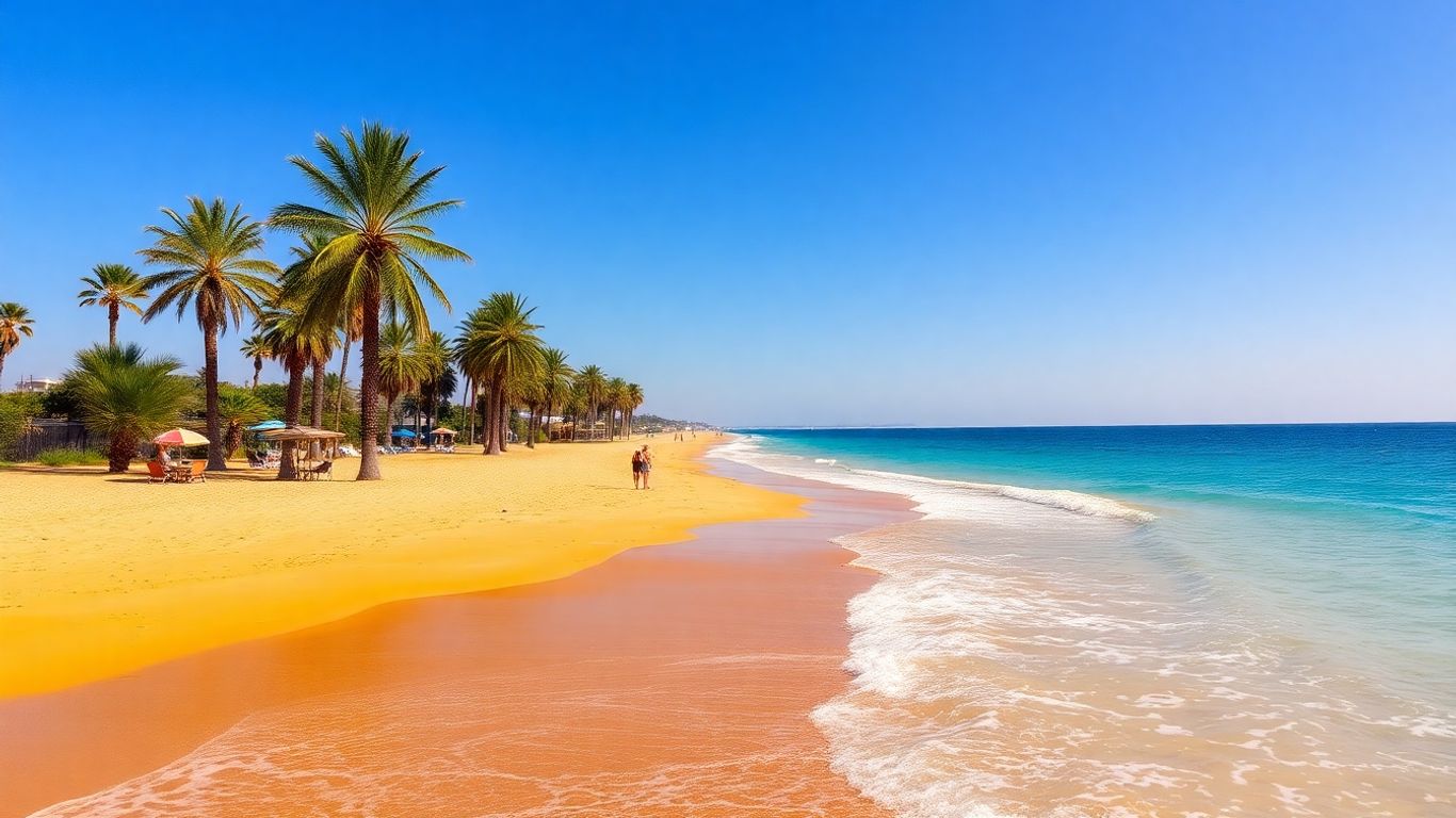 Słoneczna plaża w Hiszpanii z turkusową wodą.