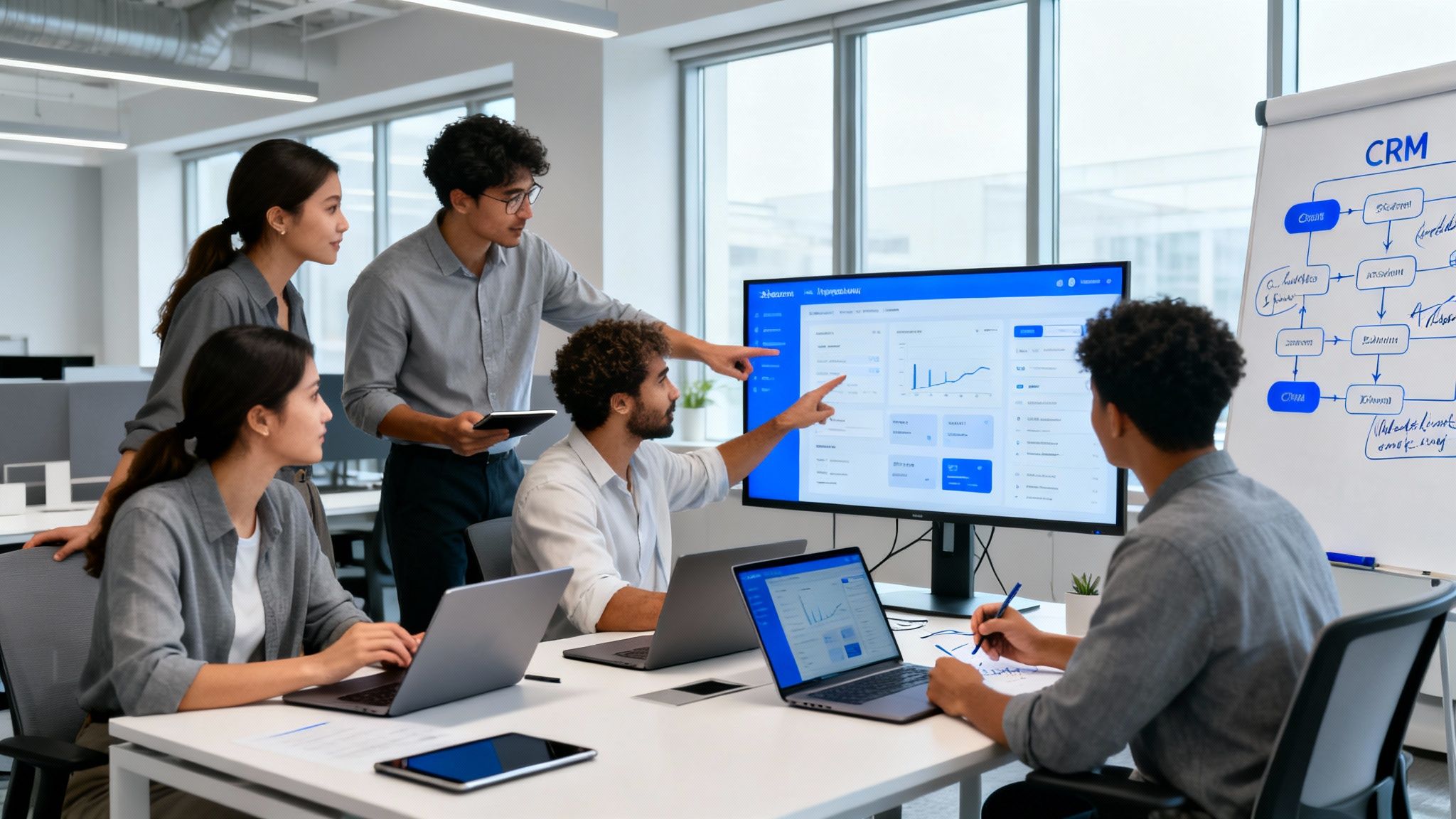 Team collaborating in a modern office using digital sales workflow crm tools