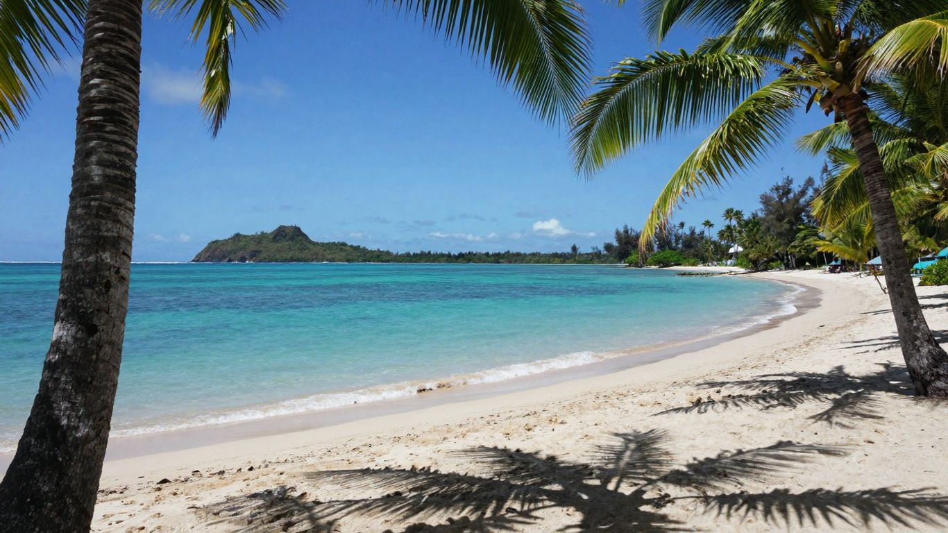 Fiji beach with turquoise water and palm trees.
