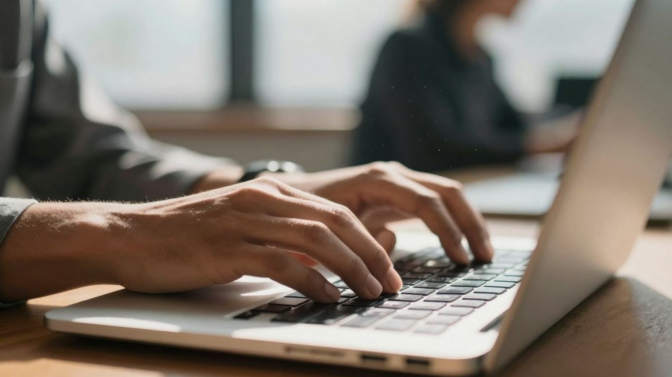Hands typing on a laptop keyboard with sunlight.
