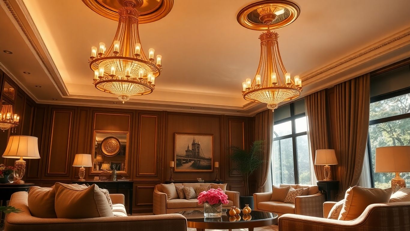 Elegant gold ceiling lights illuminating a stylish living room.