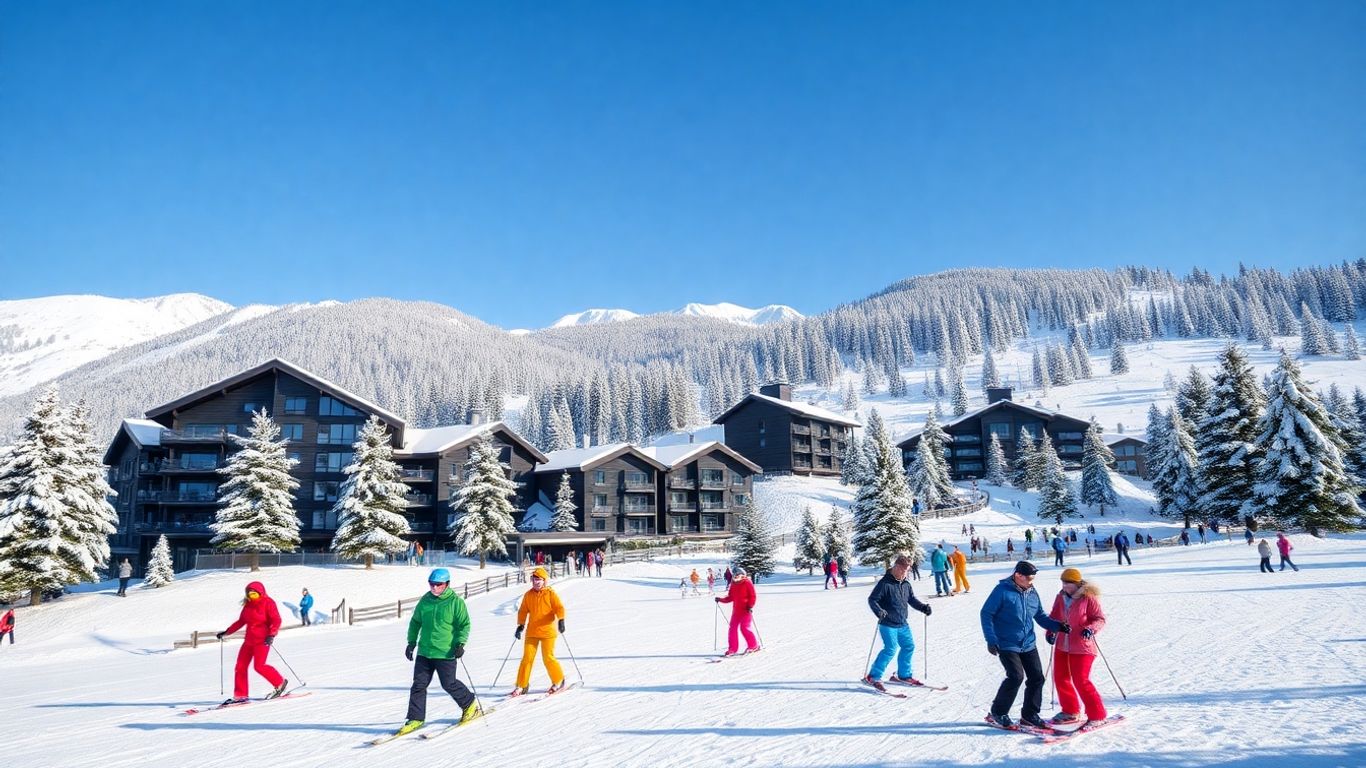 Gezin aan het skiën bij een modern Frans Alpenresort