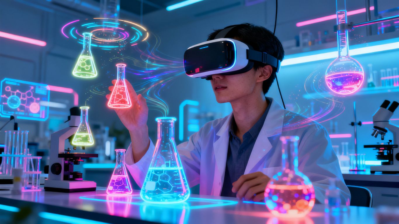 Person in VR headset doing virtual science experiment.