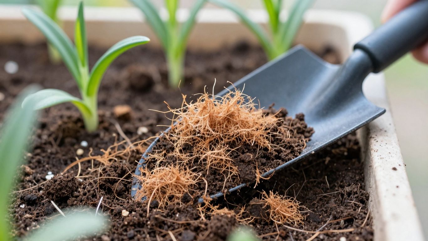 Garden soil mixed with coconut coir dust and plant sprouts.