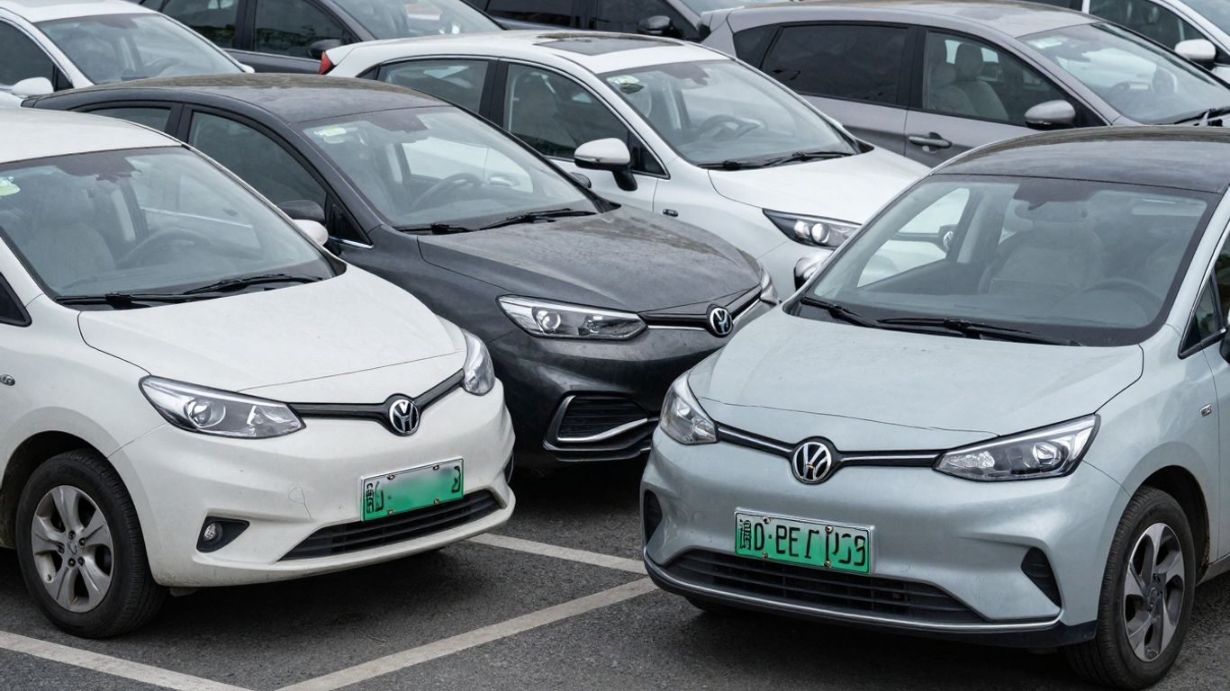 Electric vehicles in a business parking lot.