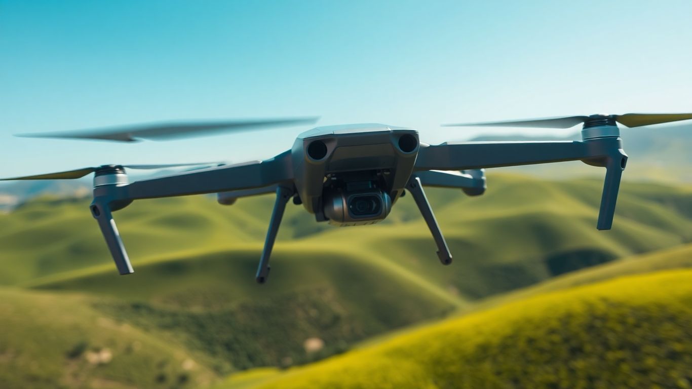 Drone flying over green hills under a blue sky.