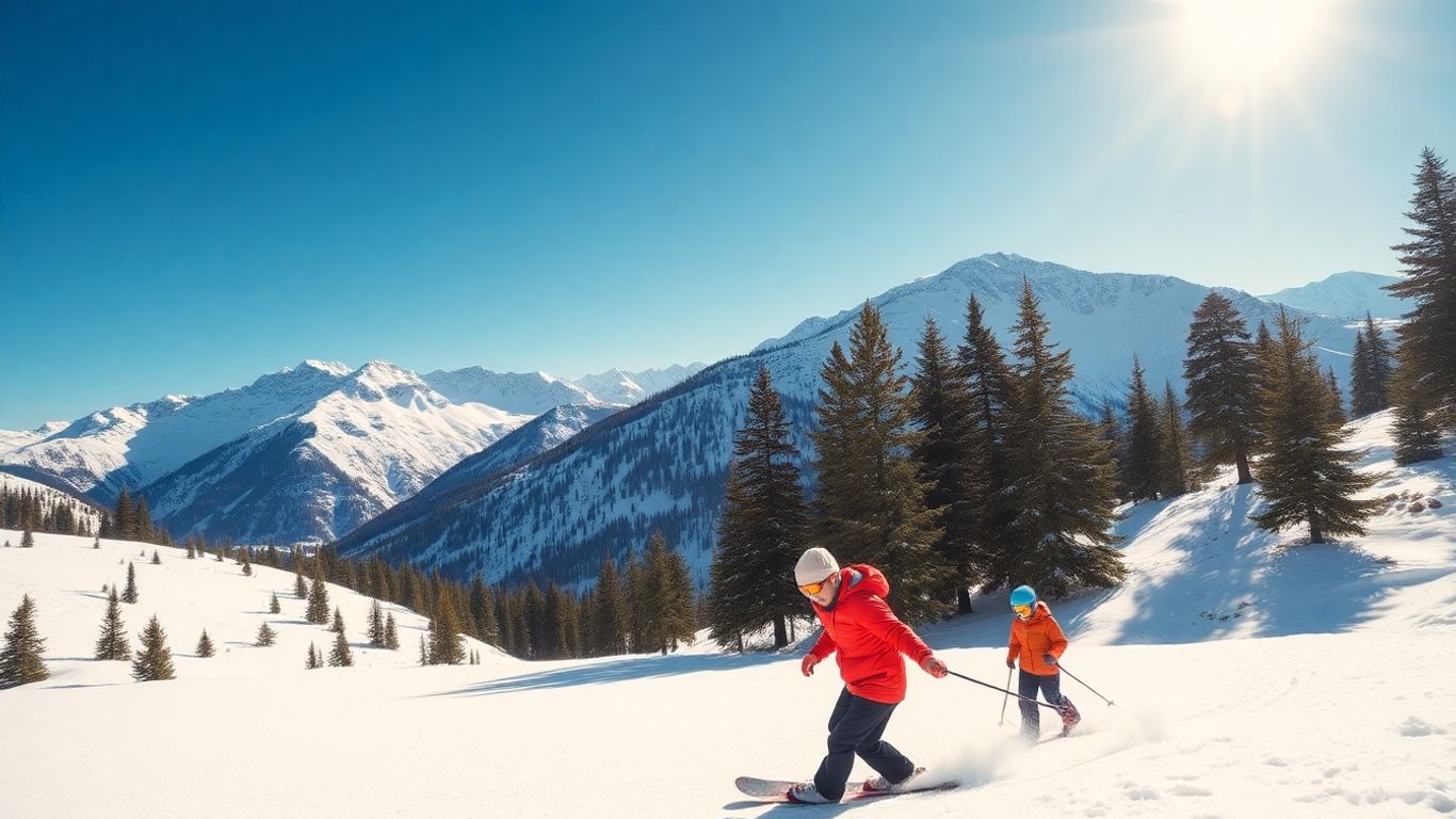 Rodzina na nartach w górach zimą.