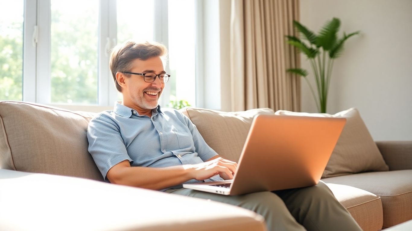Persona feliz buscando seguro de hogar en línea.