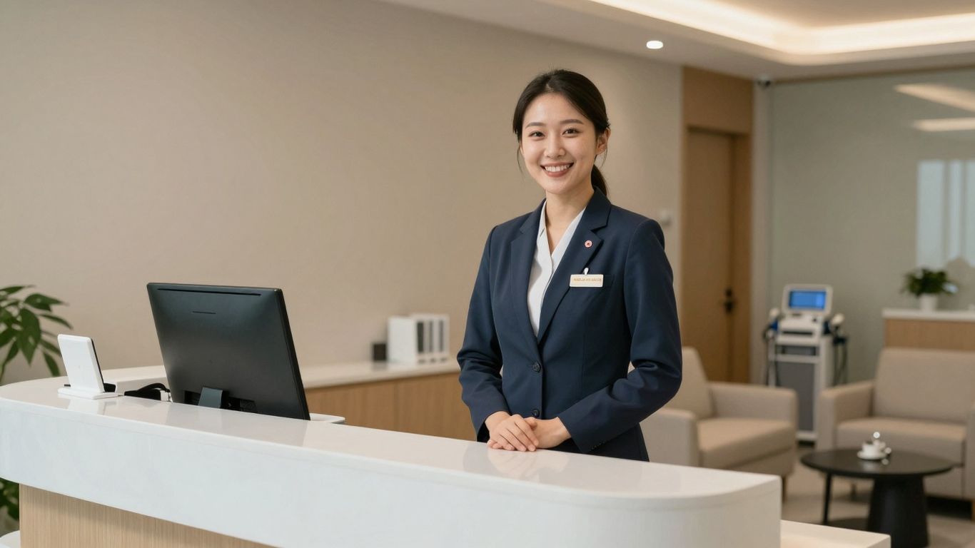 Clinic receptionist assisting a patient at the front desk.