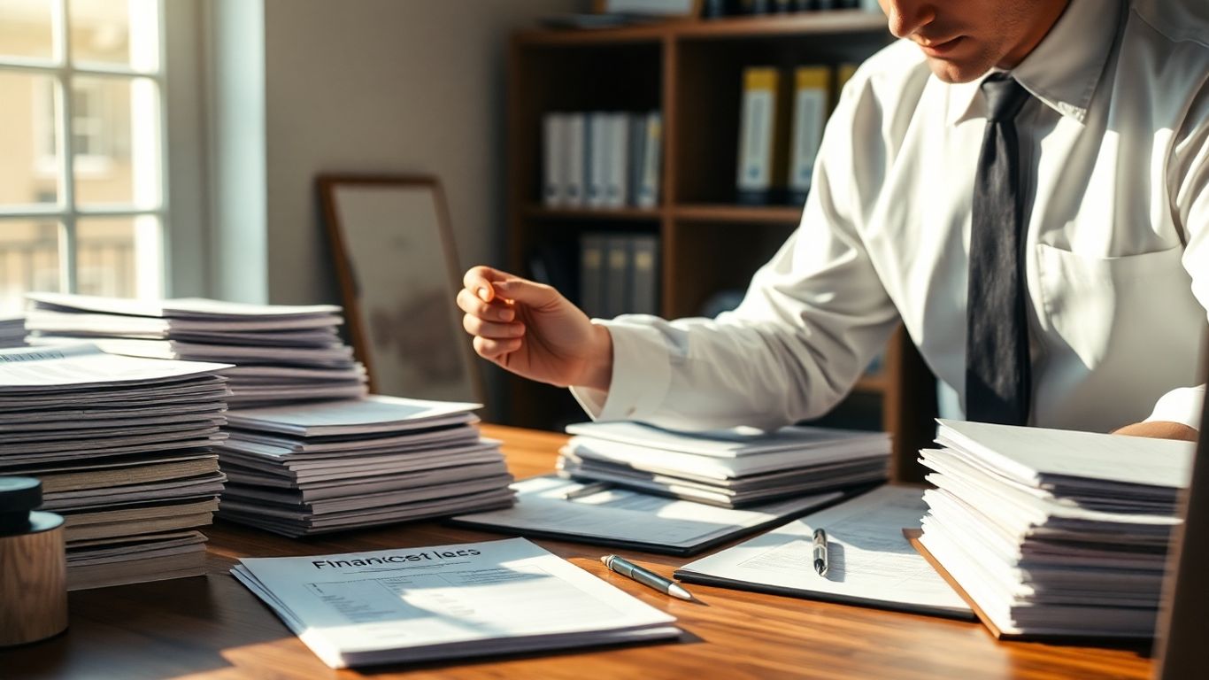 Escritório de contabilidade com documentos organizados e luz natural.