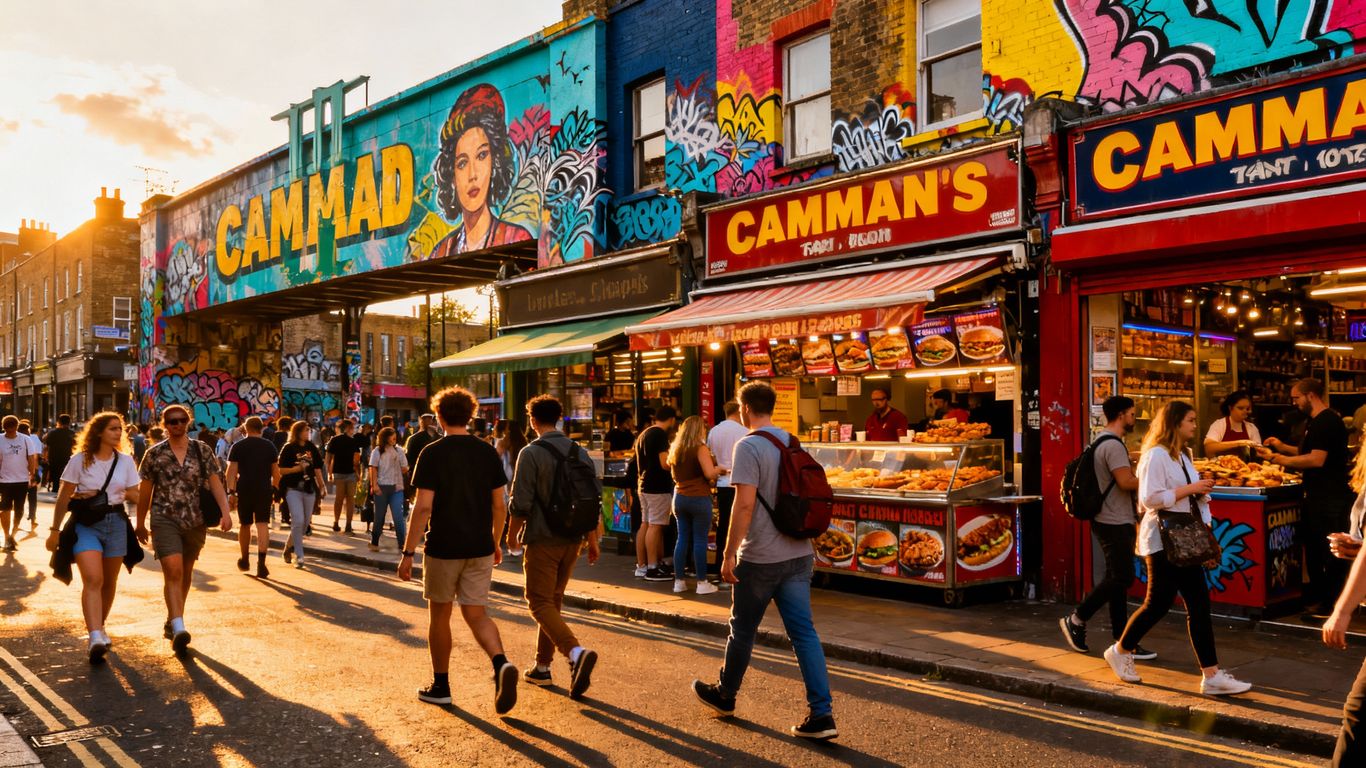 Camden Town street scene with people and shops.