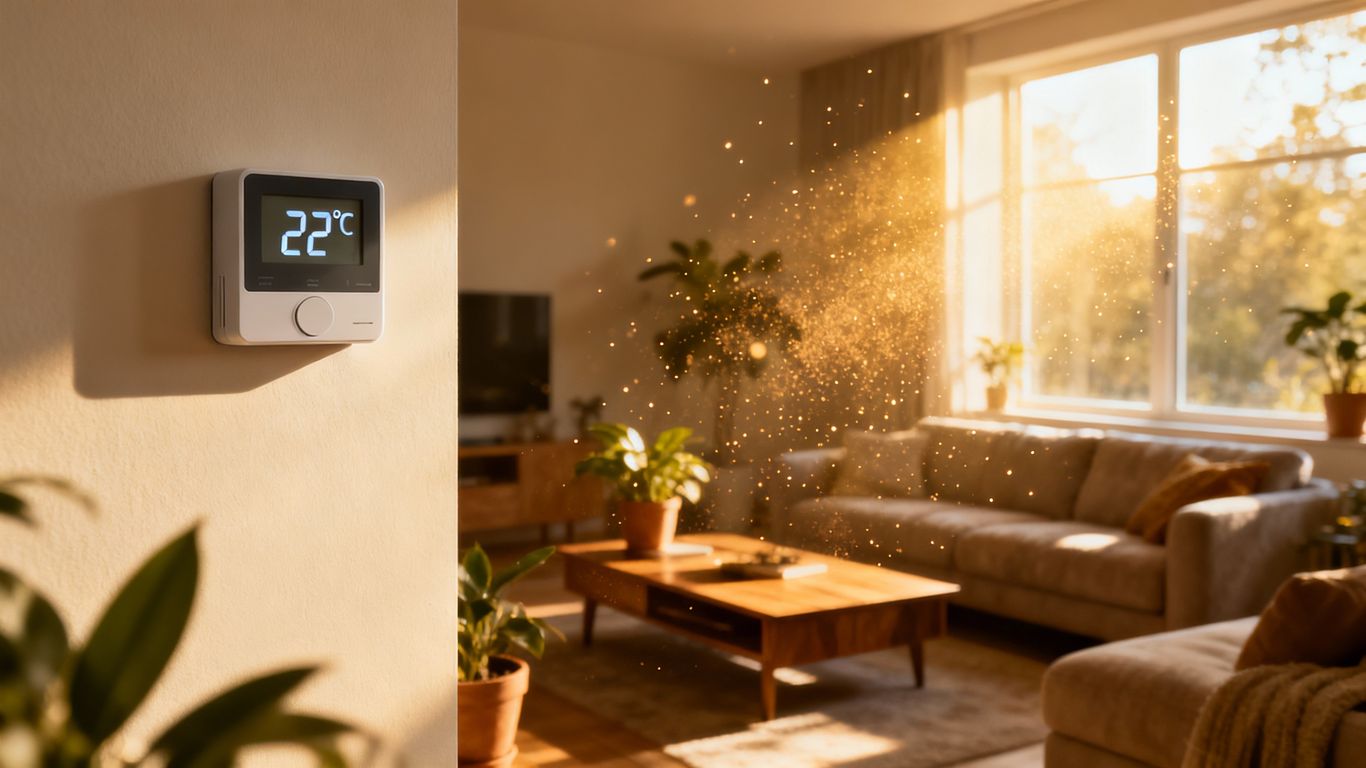 Cozy living room with a modern thermostat.