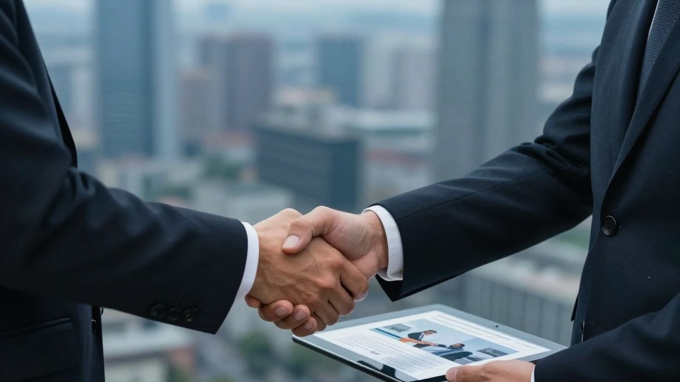Handshake over tablet showing website, cityscape background.