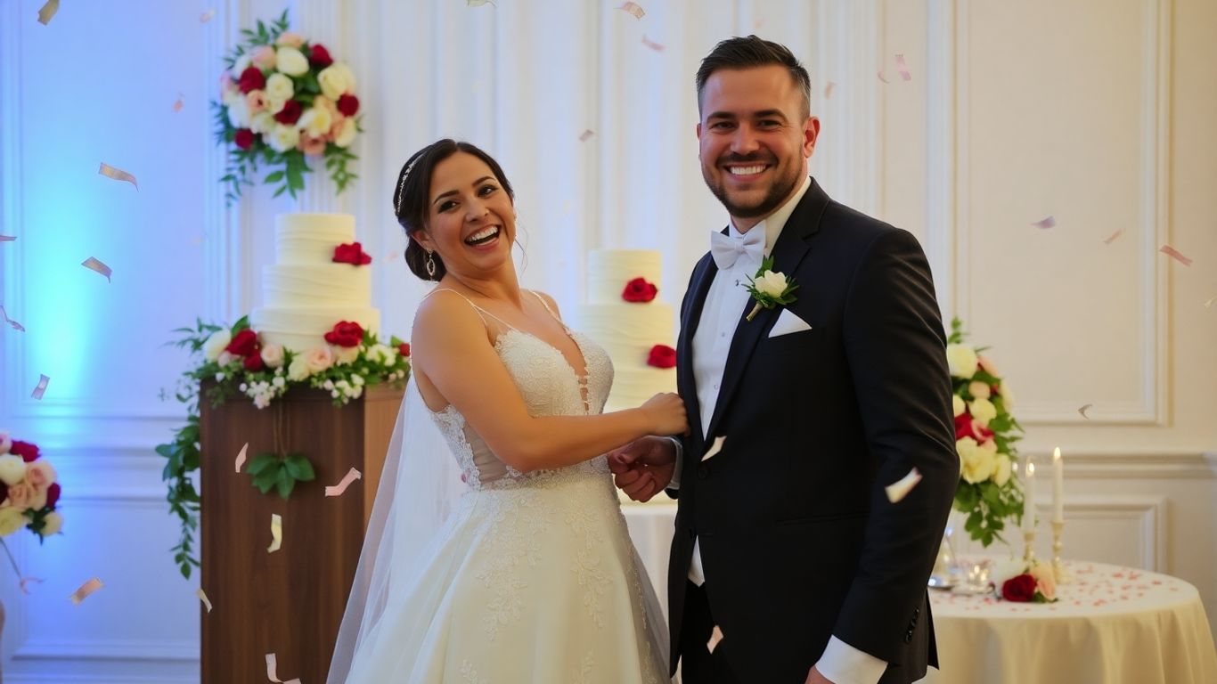 Happy couple celebrating their wedding day with confetti.