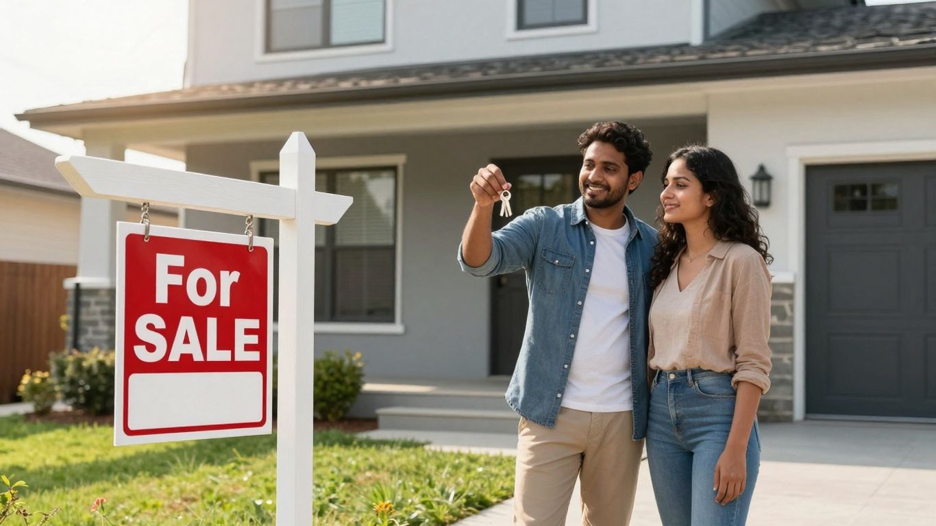 Couple on porch with keys, new house.