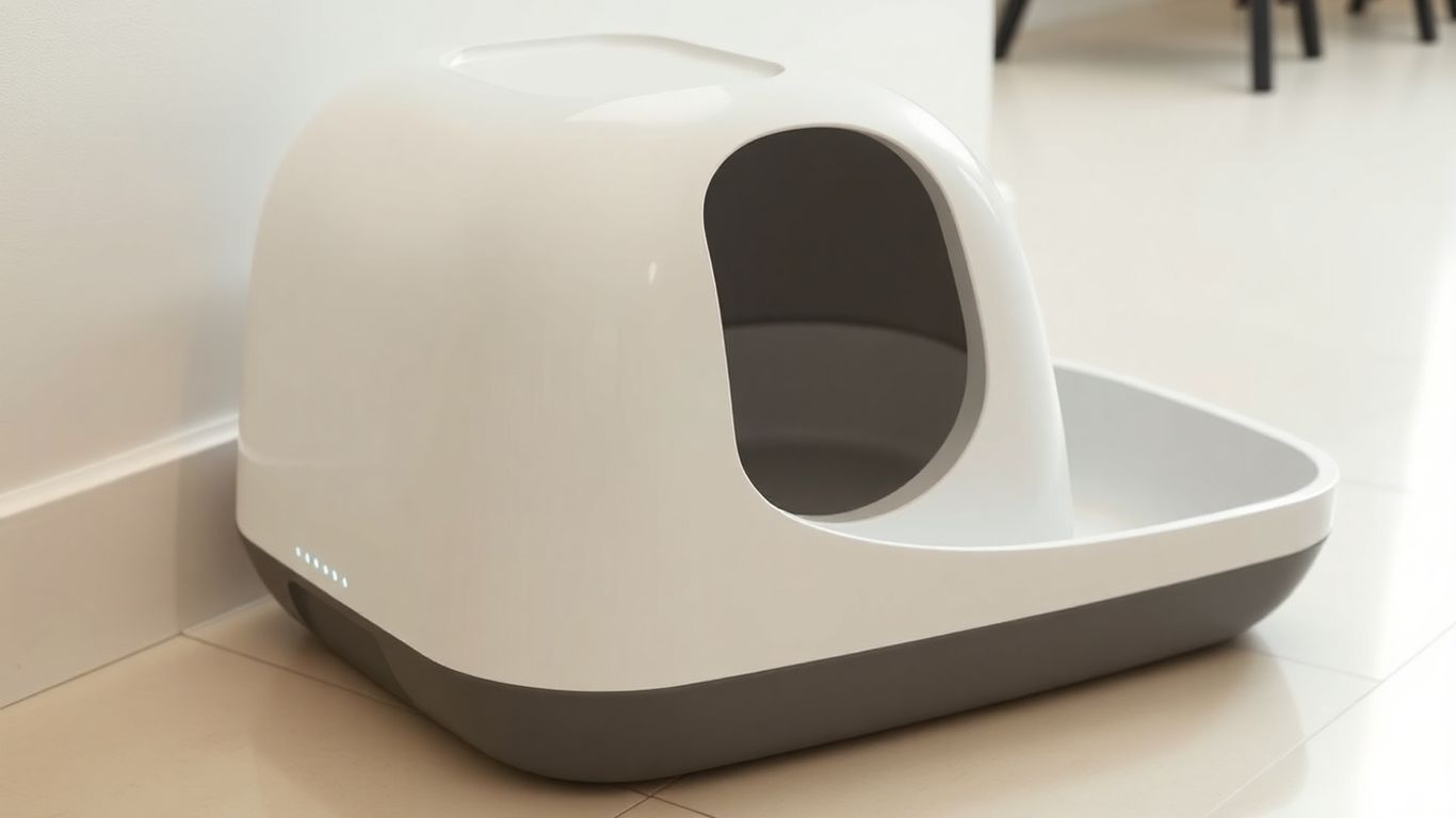 Modern smart cat litter box purifier next to a clean litter box.