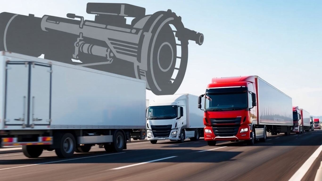 Delivery trucks on highway with engine graphic.