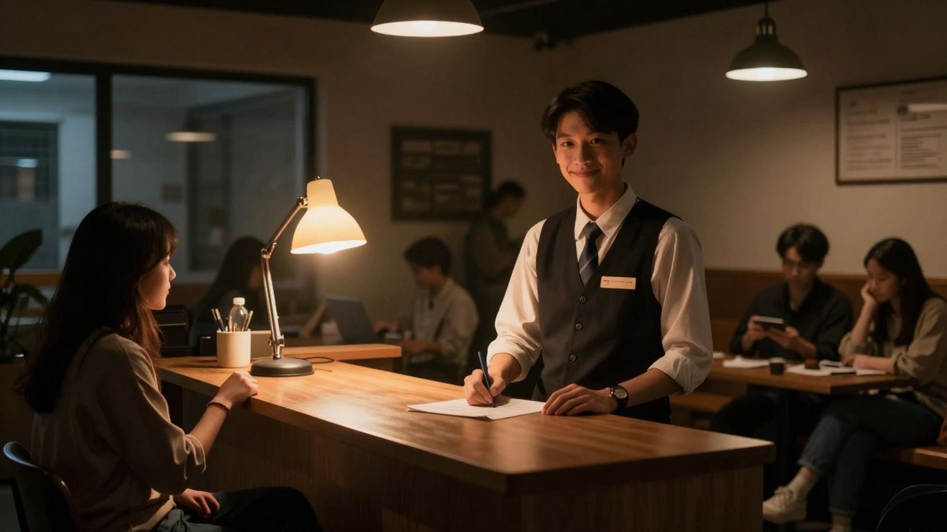 Night concierge assisting guests in a hostel lobby.