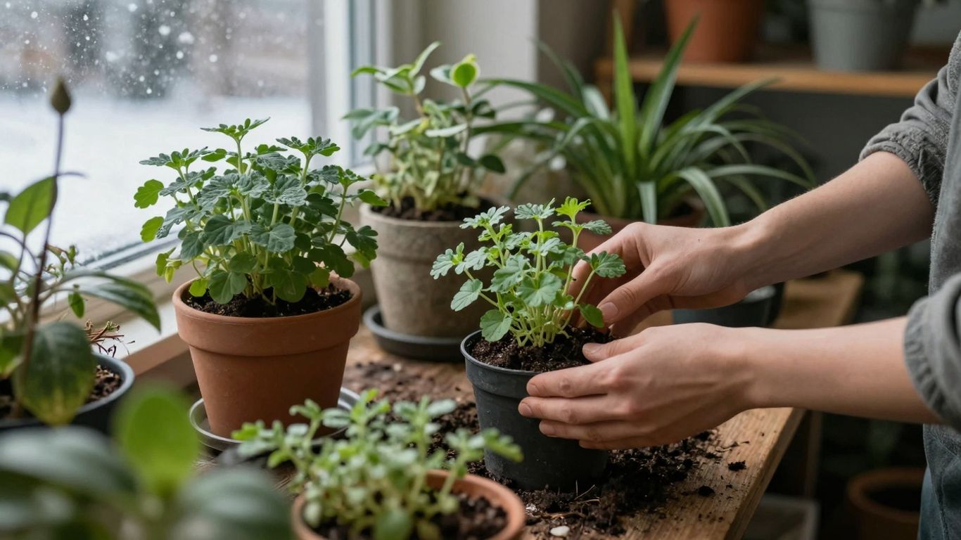 Indoor winter garden with person tending plants.